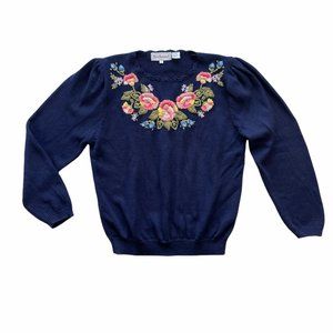 Vintage Cottagecore Floral Embroidered Puff Pleated Shoulder Sweater | Medium
